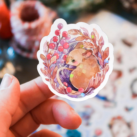 Стикер "Mouse and Flowers" голография