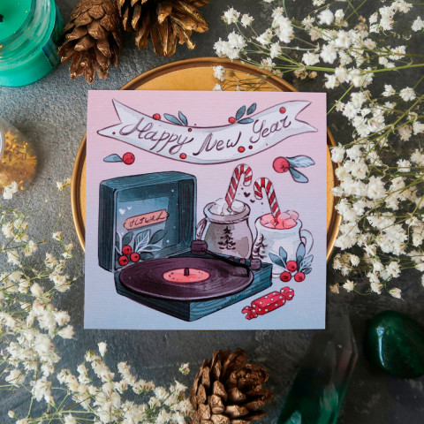 Открытка "Happy New Year" белый лён 10х10